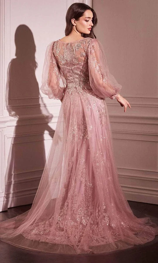 Romantic Ballgown V-Neck Puff-Sleeve-Zip-Back Dusty Rose Tulle & Sequin Floor-Length Mother of the Bride Dresses