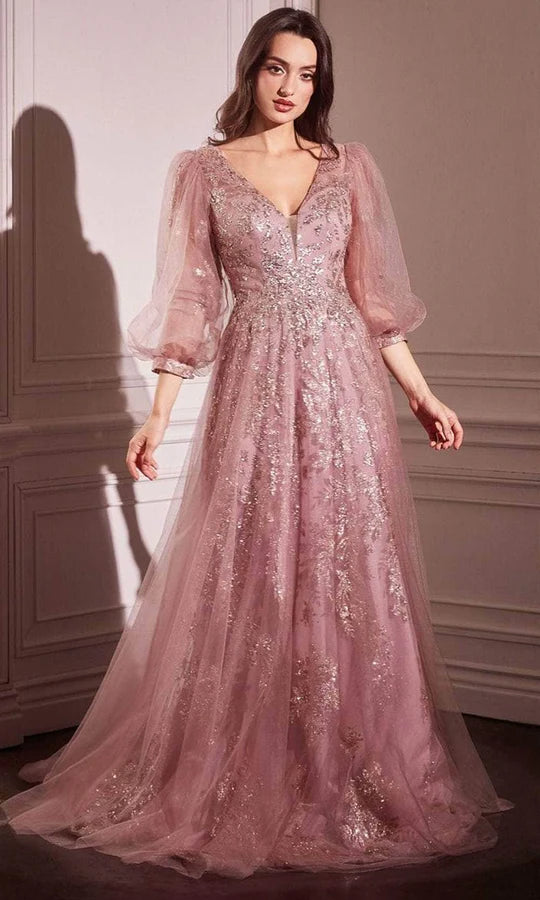 Romantic Ballgown V-Neck Puff-Sleeve-Zip-Back Dusty Rose Tulle & Sequin Floor-Length Mother of the Bride Dresses