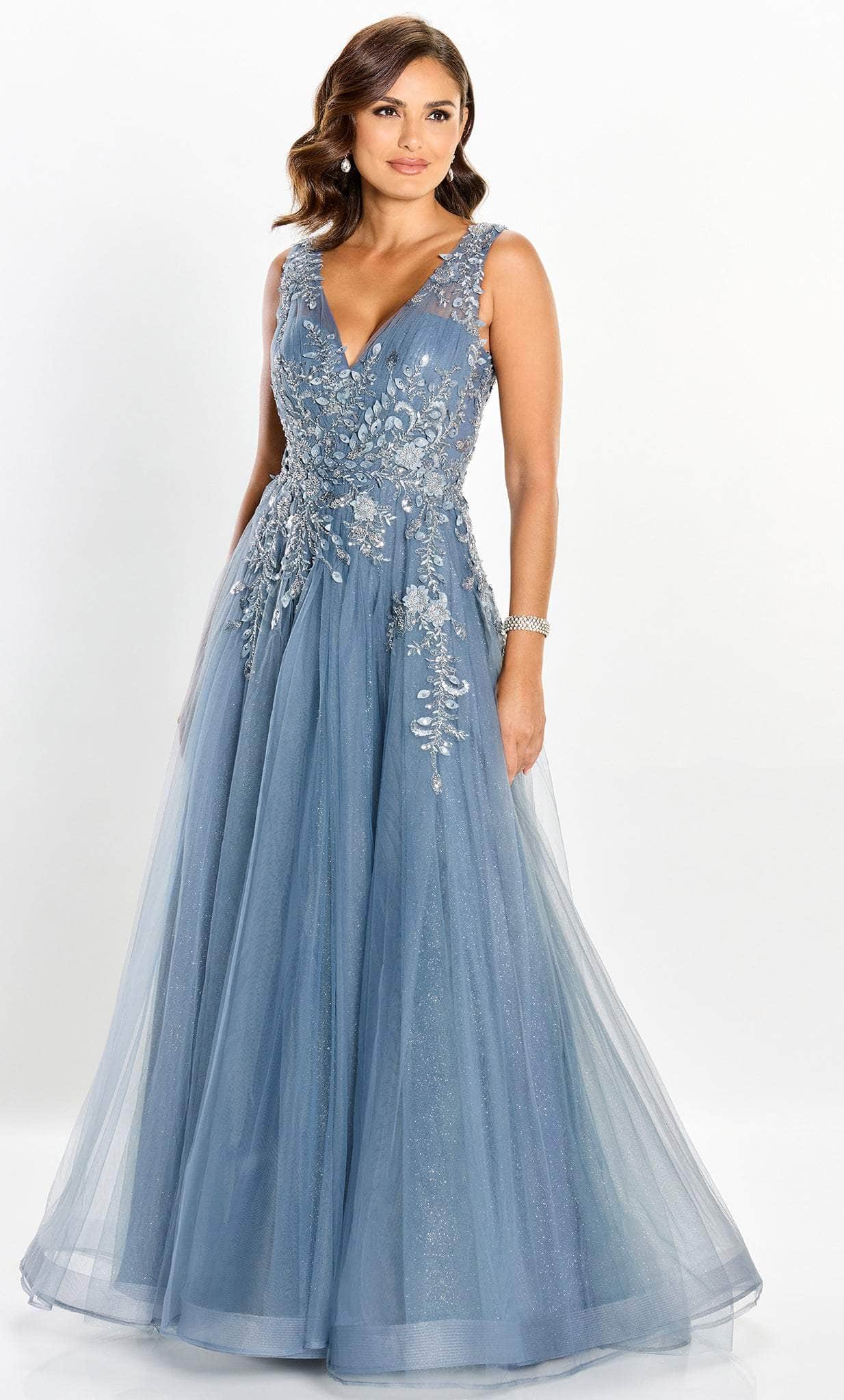 Romantic Ballgown V-Neck Sleeveless-Zip-Back Dusty Blue Glitter Tulle Embellished Floor-Length Mother of the Bride Dresses