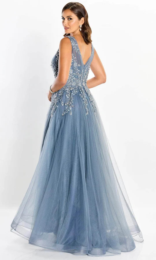Romantic Ballgown V-Neck Sleeveless-Zip-Back Dusty Blue Glitter Tulle Embellished Floor-Length Mother of the Bride Dresses
