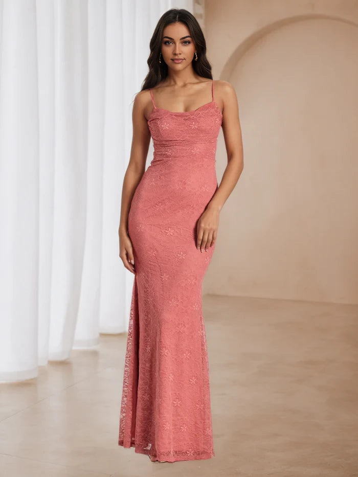 Romantic Mermaid Cowl Neck Sleeveless Zipper Back Floor Length Prom Dresses