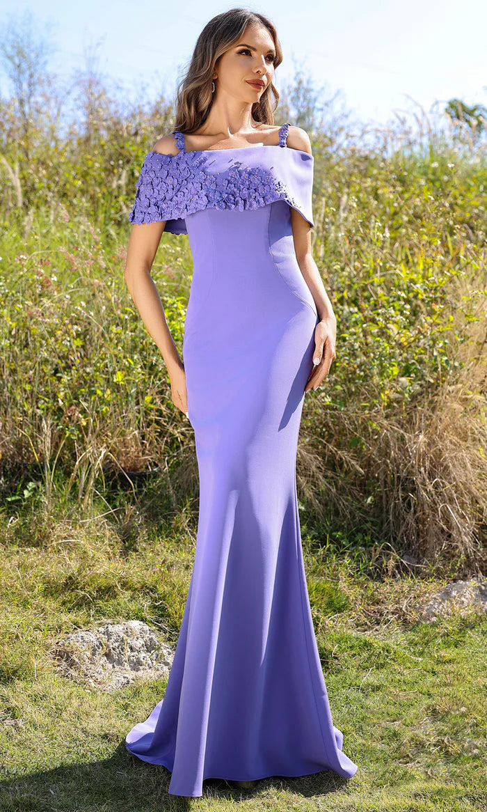 Romantic Mermaid Off-Shoulder Floral-Shoulder-Zip-Back Periwinkle Satin Floor-Length Mother of the Bride Dresses