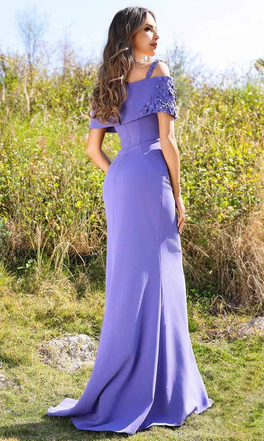Romantic Mermaid Off-Shoulder Floral-Shoulder-Zip-Back Periwinkle Satin Floor-Length Mother of the Bride Dresses