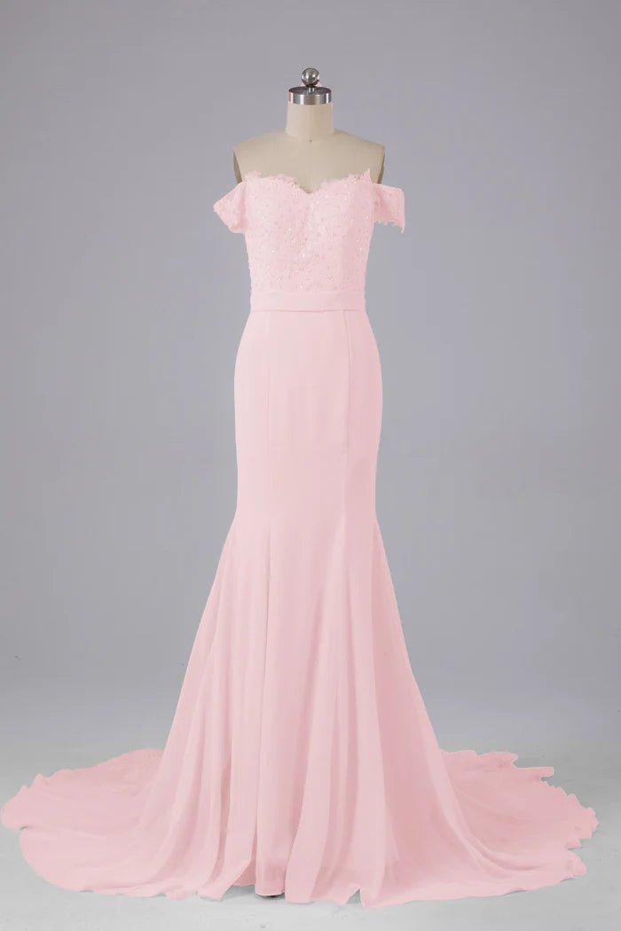 Romantic Mermaid Off-Shoulder Lace-Embellished Train Floor-Length Bridesmaid Dresses