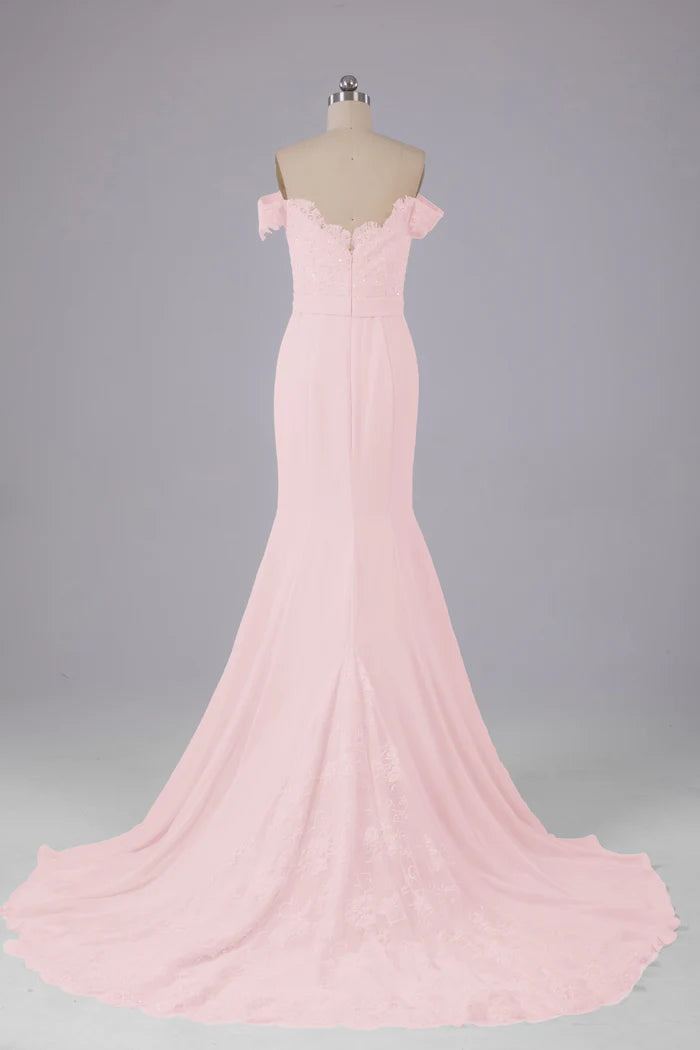 Romantic Mermaid Off-Shoulder Lace-Embellished Train Floor-Length Bridesmaid Dresses