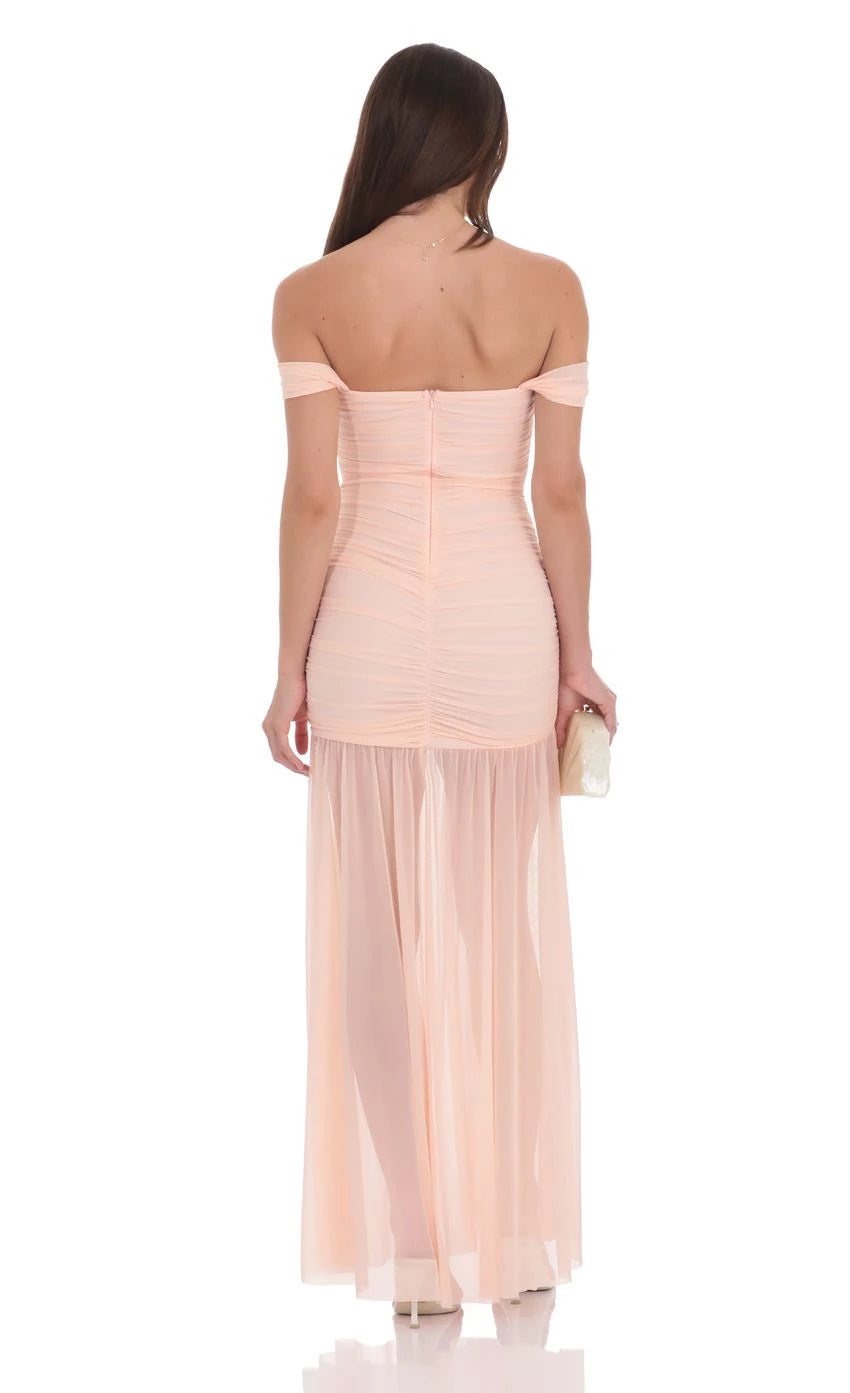 Romantic Mermaid Off-Shoulder Ruched Mesh Floor Length Prom Dresses