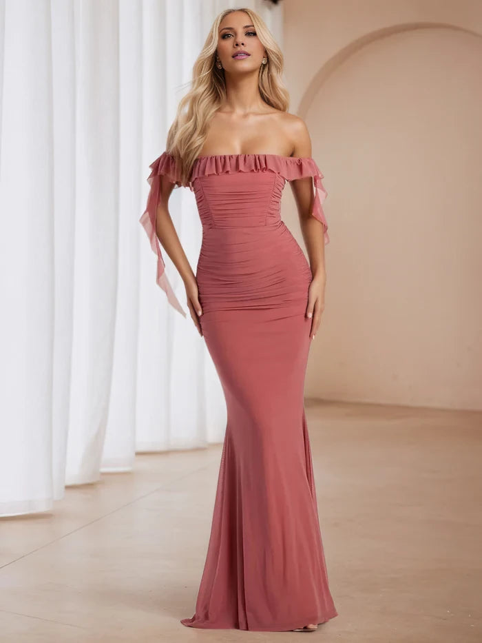 Romantic Mermaid Off - Shoulder Ruffled Sleeve Open Back Long Length Prom Dresses