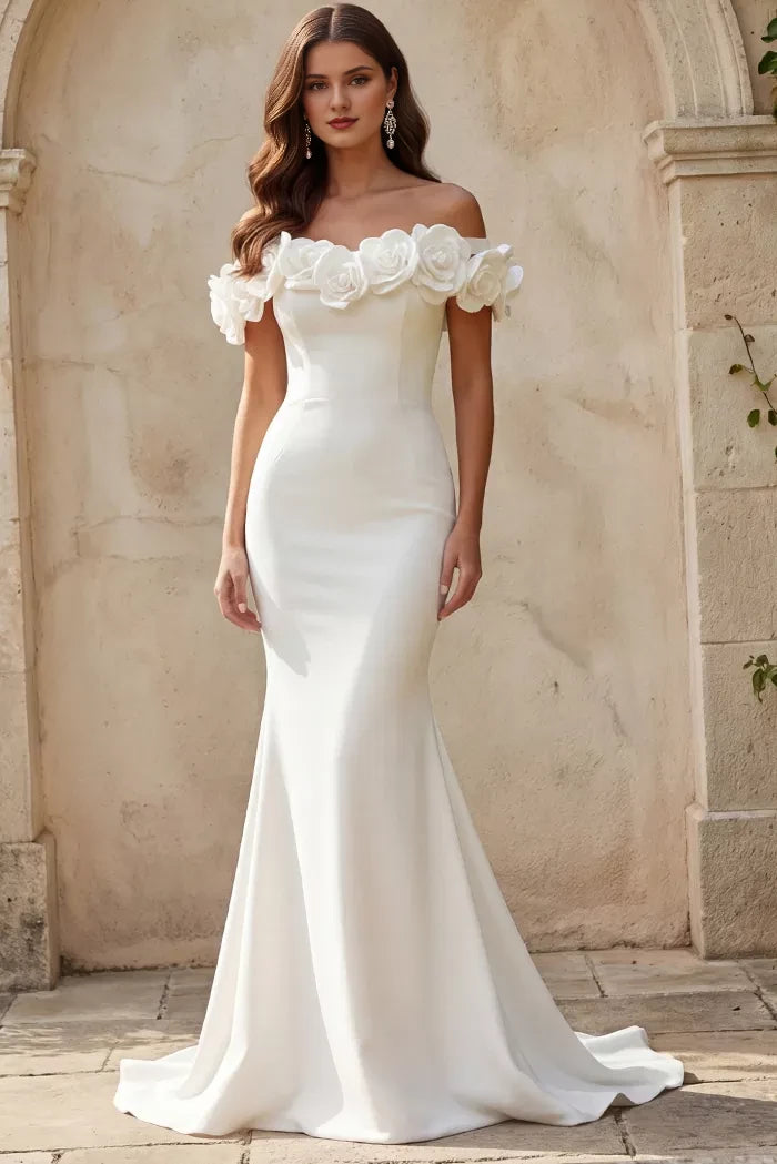Romantic Mermaid Off-Shoulder Satin Flower-Sleeve Pearl-Button Cutout-Back Train Length Wedding Dresses
