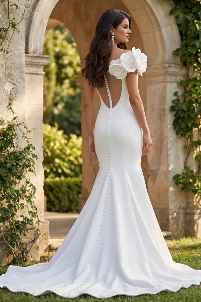 Romantic Mermaid Off-Shoulder Satin Flower-Sleeve Pearl-Button Cutout-Back Train Length Wedding Dresses