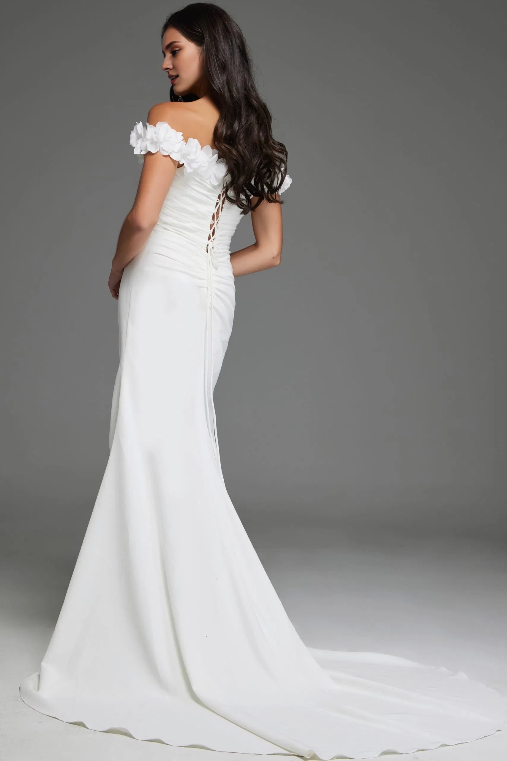 Romantic Mermaid Off-Shoulder Satin Flower-Sleeve Ruched-Back Train Length Wedding Dresses