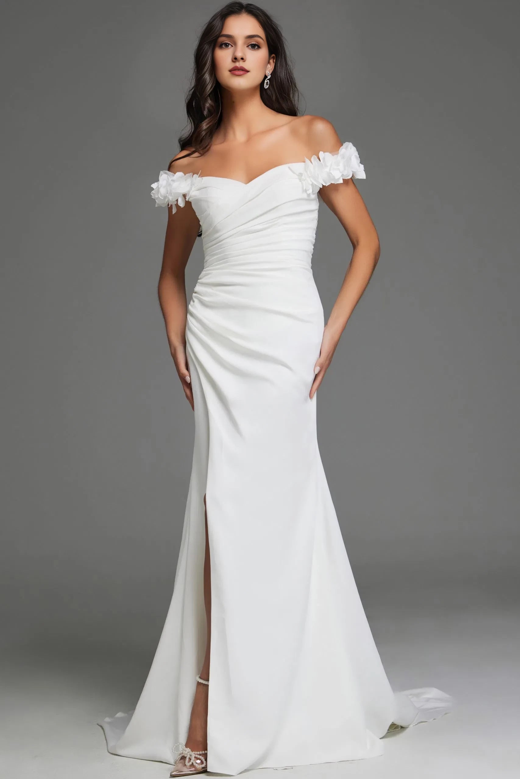 Romantic Mermaid Off-Shoulder Satin Flower-Sleeve Ruched-Back Train Length Wedding Dresses