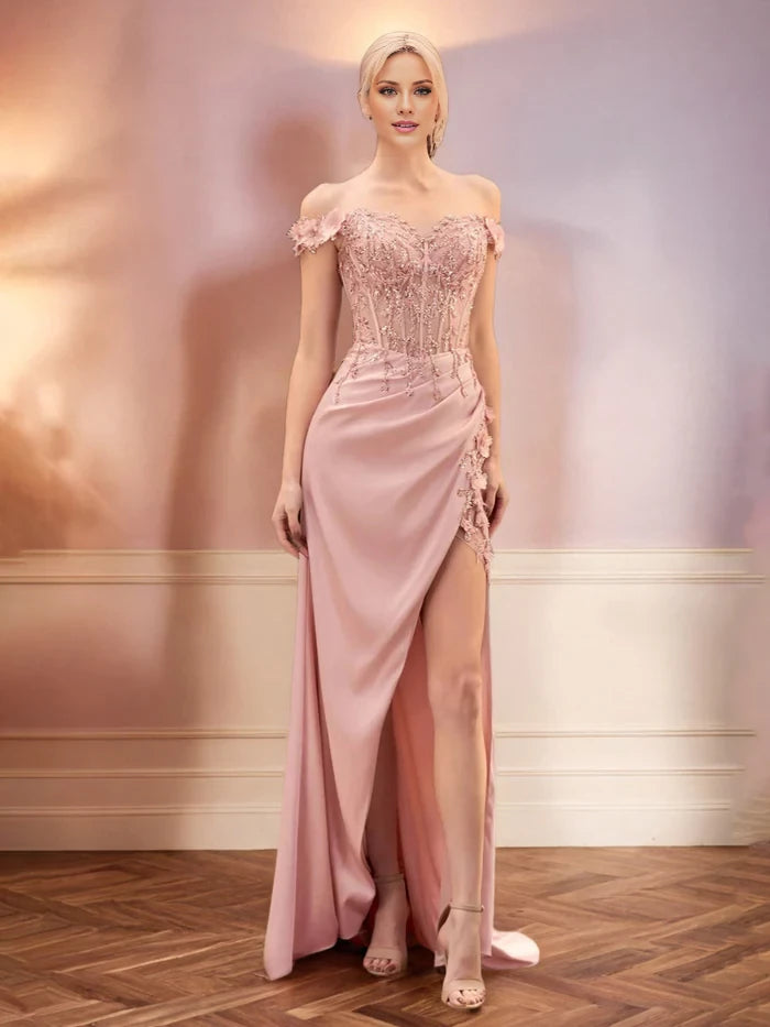 Romantic Mermaid Off - Shoulder Short Sleeve Solid Back Long Length Prom Dresses