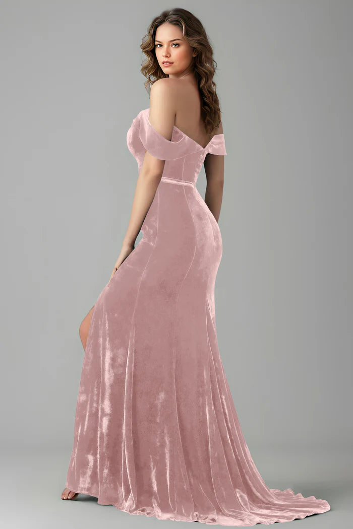 Romantic Mermaid Off-Shoulder Sweetheart Open-Back High-Slit Train-Length Bridesmaid Dresses