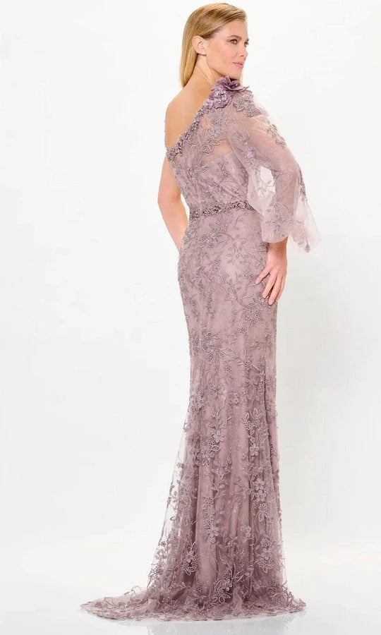 Romantic Mermaid One-Shoulder Asymmetrical-Sleeve-Zip-Back Dusty Lilac Tulle Embellished Floor-Length Mother of the Bride Dresses