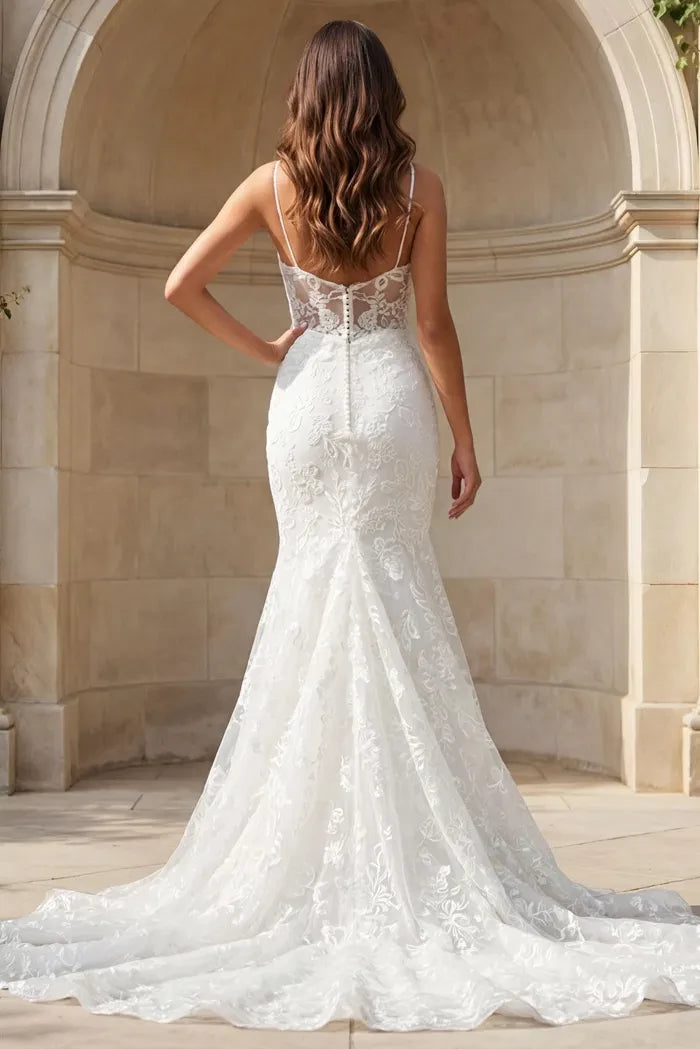 Romantic Mermaid Spaghetti-Strap Floral-Lace Pearl-Button Back Train Length Wedding Dresses
