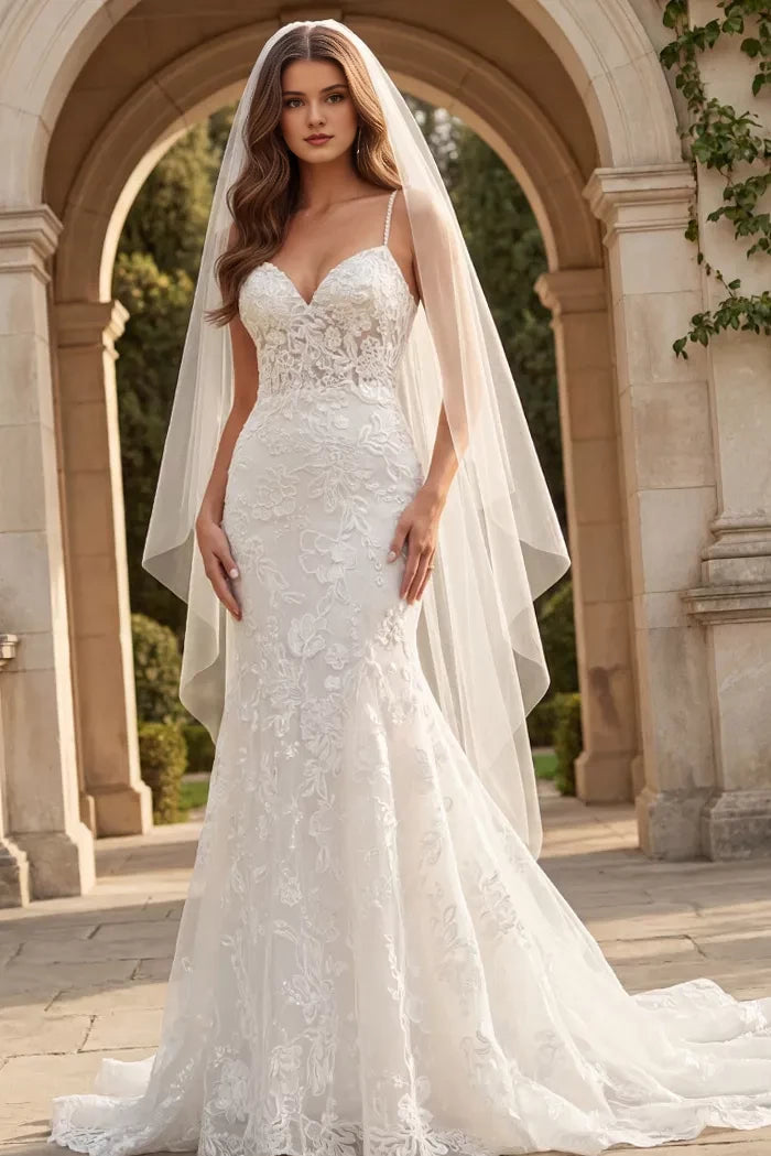 Romantic Mermaid Spaghetti-Strap Floral-Lace Pearl-Button Back Train Length Wedding Dresses