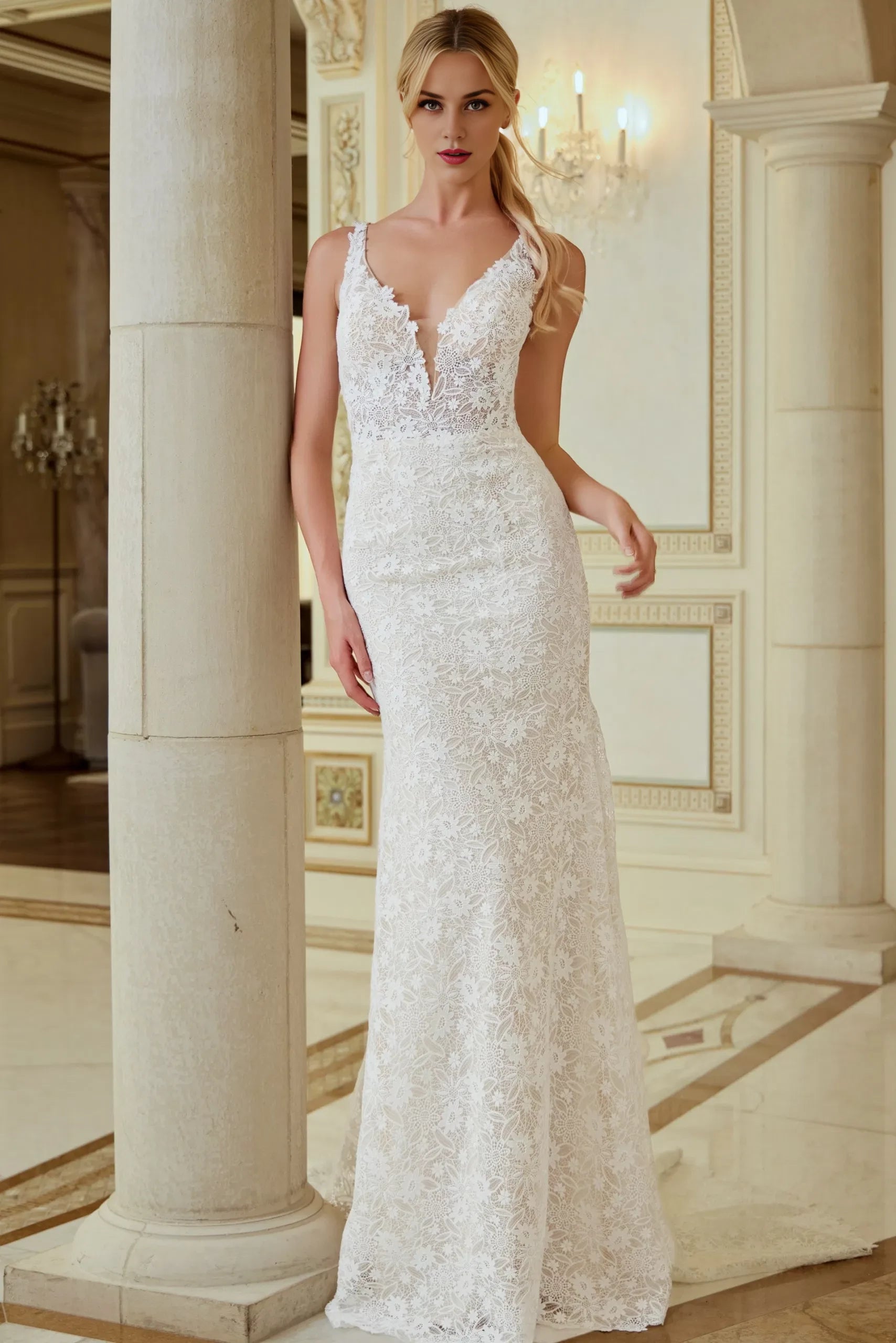 Romantic Mermaid Spaghetti-Strap Floral-Lace Plunging-Back Train Length Wedding Dresses