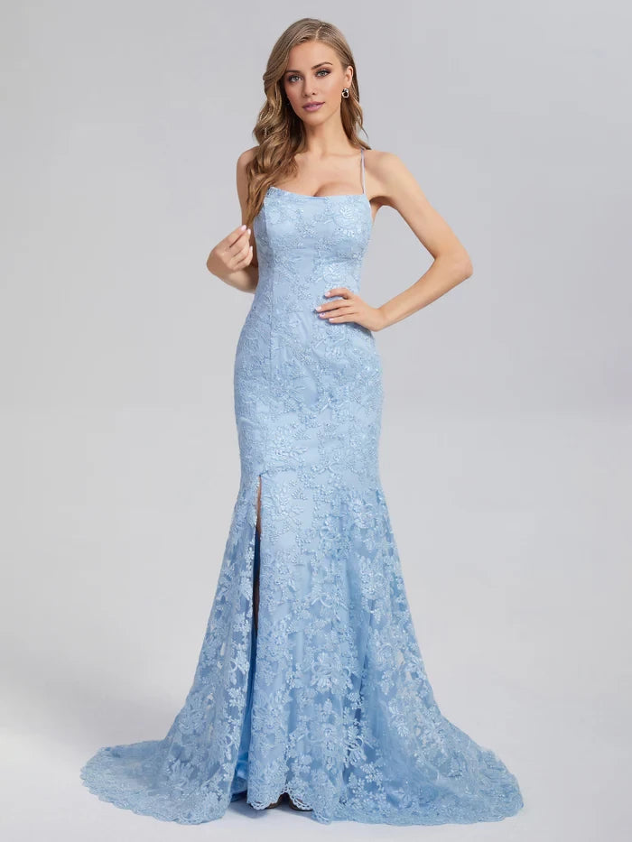 Romantic Mermaid Square Neck Spaghetti Strap Lace - Up Back Long Length Prom Dresses