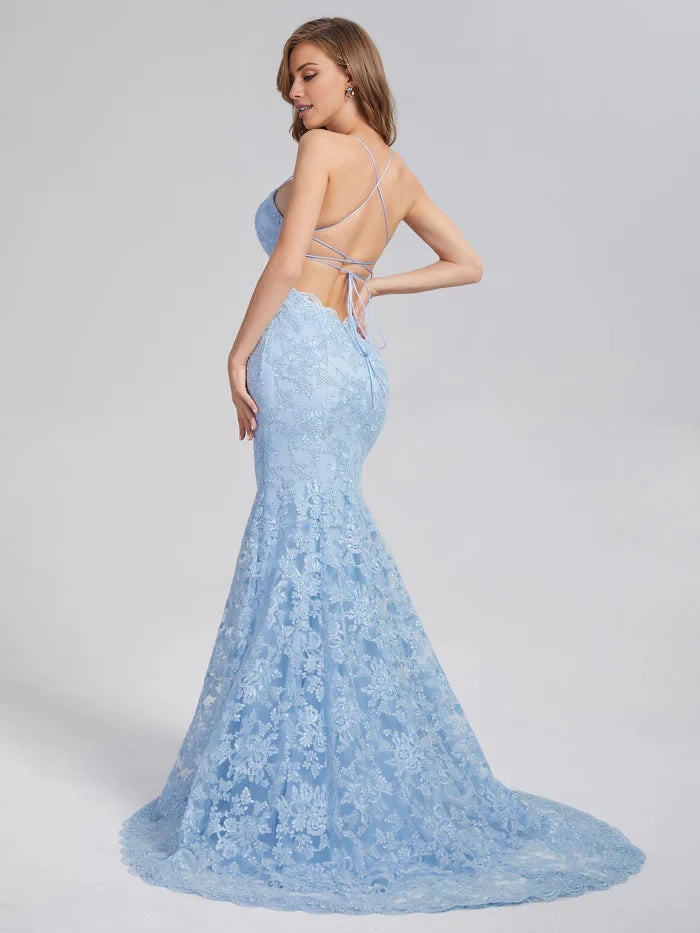Romantic Mermaid Square Neck Spaghetti Strap Lace - Up Back Long Length Prom Dresses