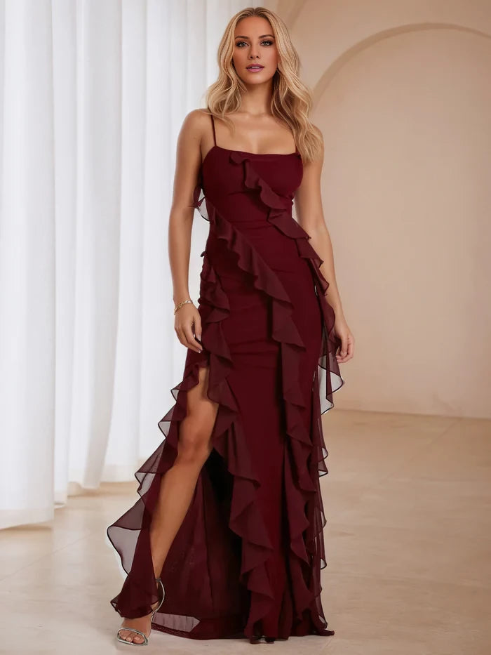 Romantic Mermaid Square Neck Spaghetti Strap Lace - Up Ruffled Back Long Length Prom Dresses