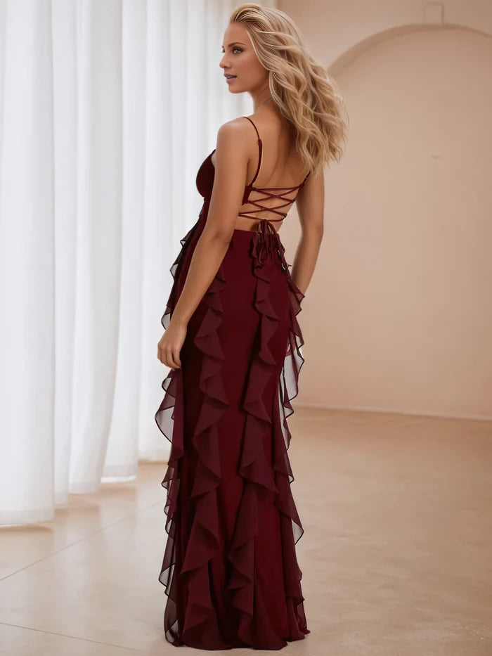 Romantic Mermaid Square Neck Spaghetti Strap Lace - Up Ruffled Back Long Length Prom Dresses