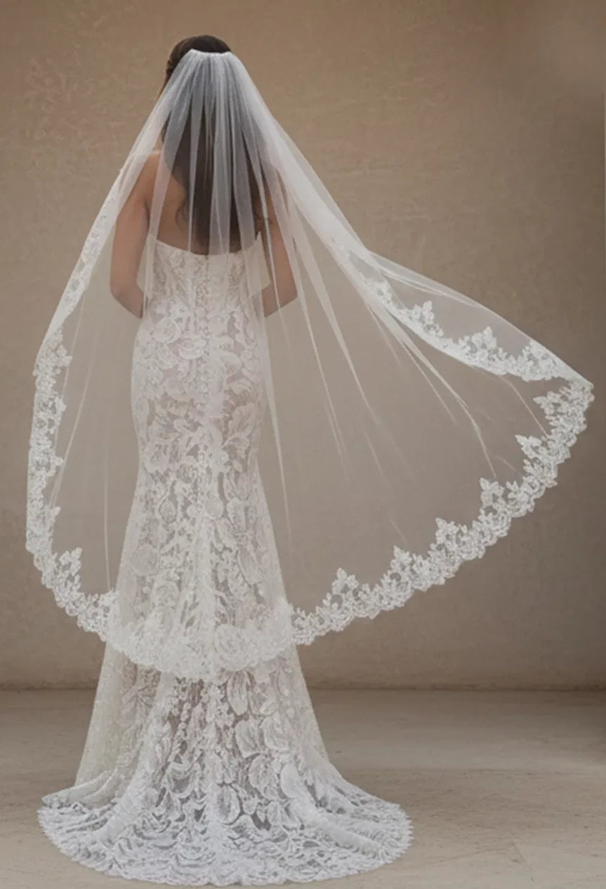 Romantic Mermaid Strapless 3D-Floral-Lace Open-Back Train Length Wedding Dresses