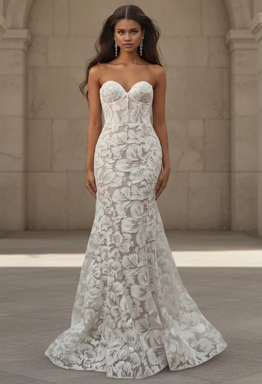 Romantic Mermaid Strapless 3D-Floral-Lace Open-Back Train Length Wedding Dresses