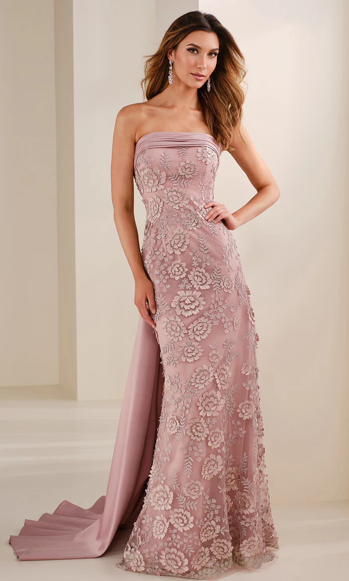 Romantic Mermaid Strapless Cape-Back-Blush Tulle Floral-Embellished Floor-Length Mother of the Bride Dresses
