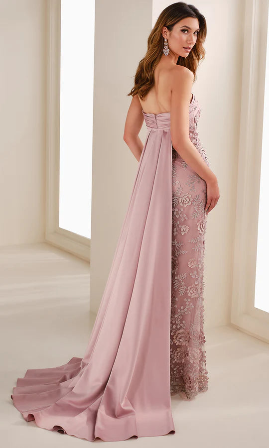 Romantic Mermaid Strapless Cape-Back-Blush Tulle Floral-Embellished Floor-Length Mother of the Bride Dresses