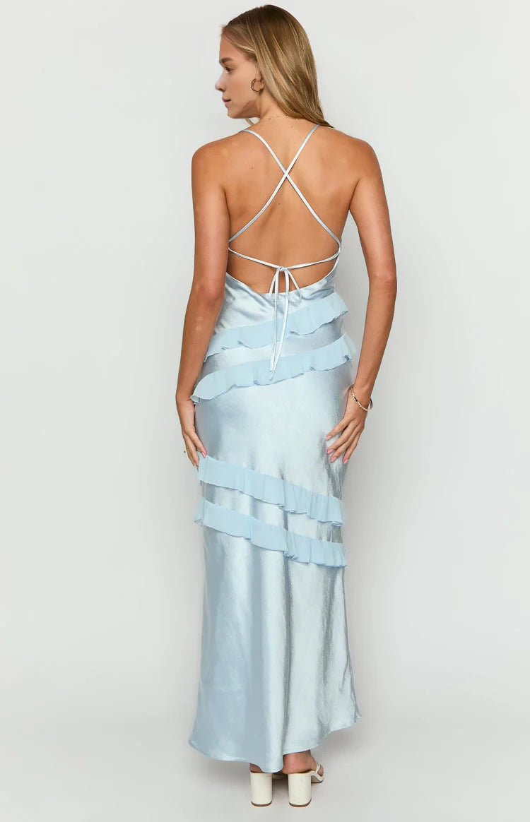 Romantic Ruffled V - Neck Sleeveless Lace - Up Back Floor Length Prom Dresses