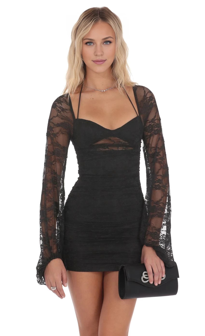 Romantic Sheath Halter-Neck Lace-Long-Sleeve Tie-Back Short Length Homecoming Dresses