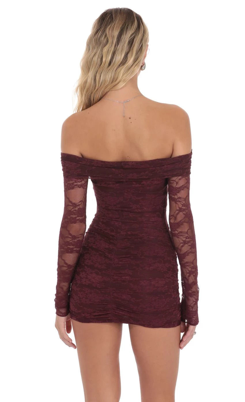 Romantic Sheath Off-Shoulder Lace-Long-Sleeve Back-Zip Short Length Homecoming Dresses
