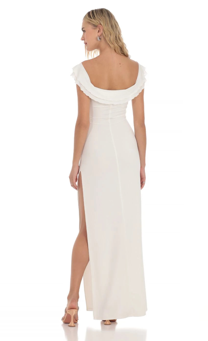 Romantic Sheath Off-Shoulder Ruffled High-Slit Floor Length Prom Dresses