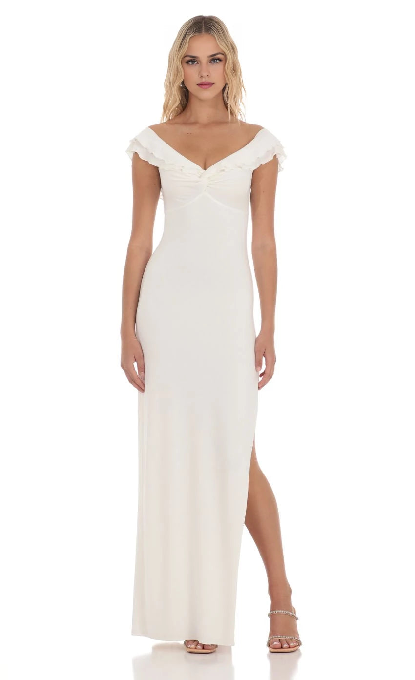 Romantic Sheath Off-Shoulder Ruffled High-Slit Floor Length Prom Dresses