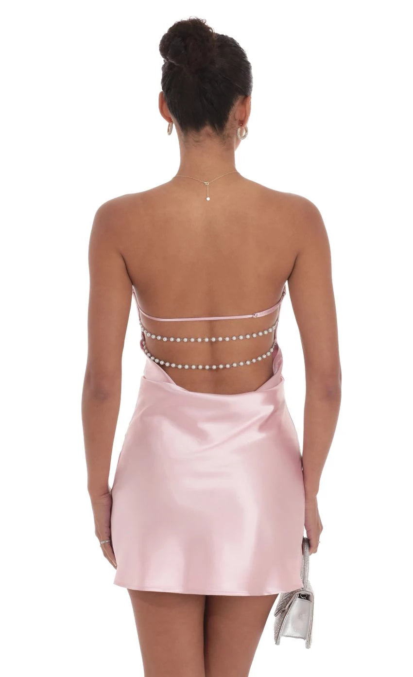 Romantic Sheath Strapless Satin-Pearl-Trimmed Open-Back Short Length Homecoming Dresses