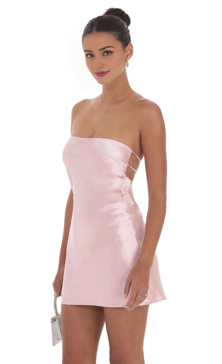 Romantic Sheath Strapless Satin-Pearl-Trimmed Open-Back Short Length Homecoming Dresses