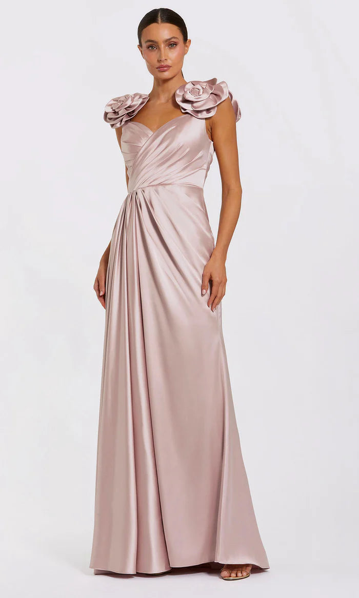 Romantic Sheath V-Neck Floral-Shoulder-Zip-Back Blush Satin Ruched Floor-Length Mother of the Bride Dresses