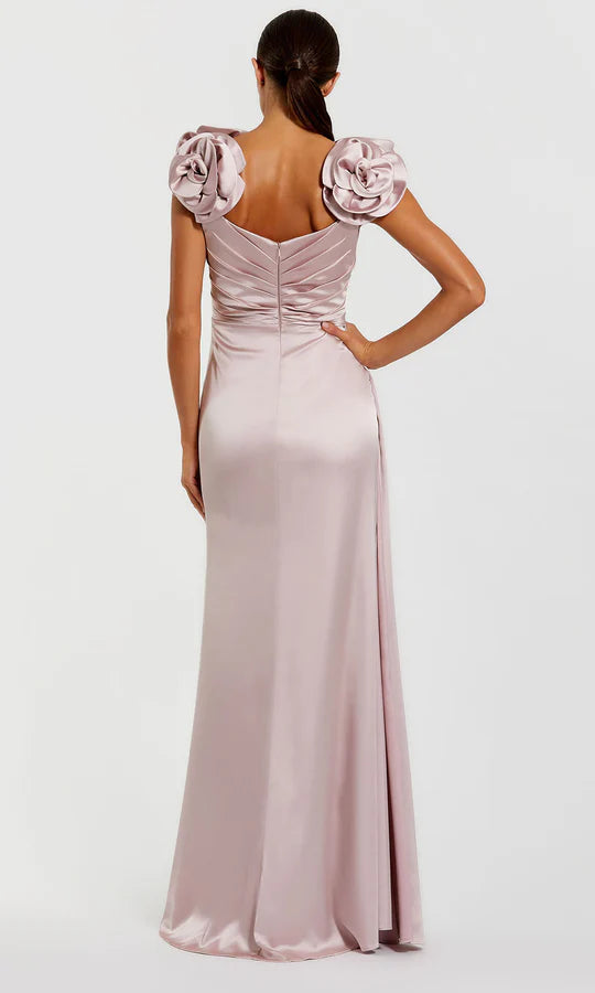 Romantic Sheath V-Neck Floral-Shoulder-Zip-Back Blush Satin Ruched Floor-Length Mother of the Bride Dresses