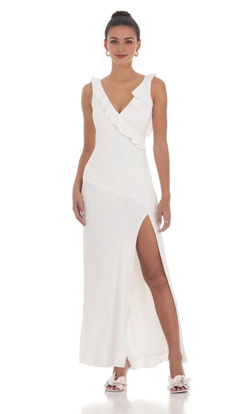 Romantic Sheath V-Neck Ruffled High-Slit Floor Length Prom Dresses