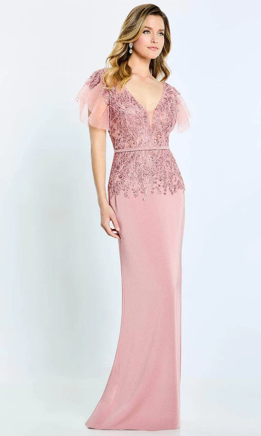 Romantic Sheath V-Neck Ruffled-Sleeve-Zip-Back Blush Satin Lace Floor-Length Mother of the Bride Dresses