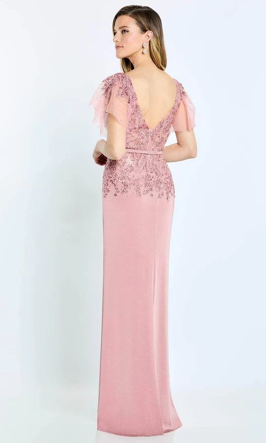Romantic Sheath V-Neck Ruffled-Sleeve-Zip-Back Blush Satin Lace Floor-Length Mother of the Bride Dresses