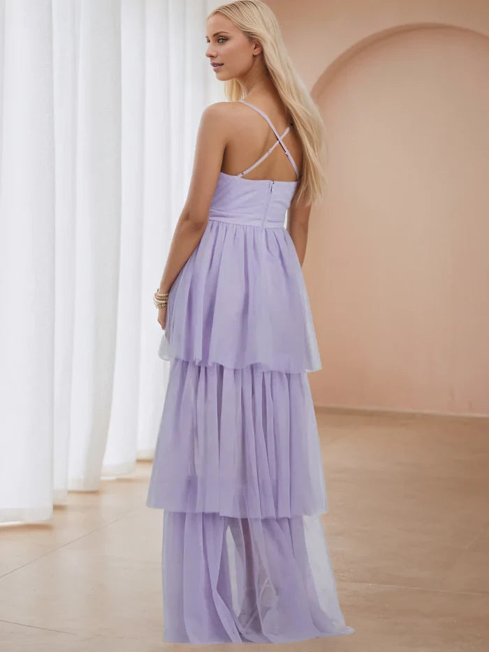 Romantic Tiered Deep V - Neck Sleeveless Criss - Cross Back Long Length Prom Dresses