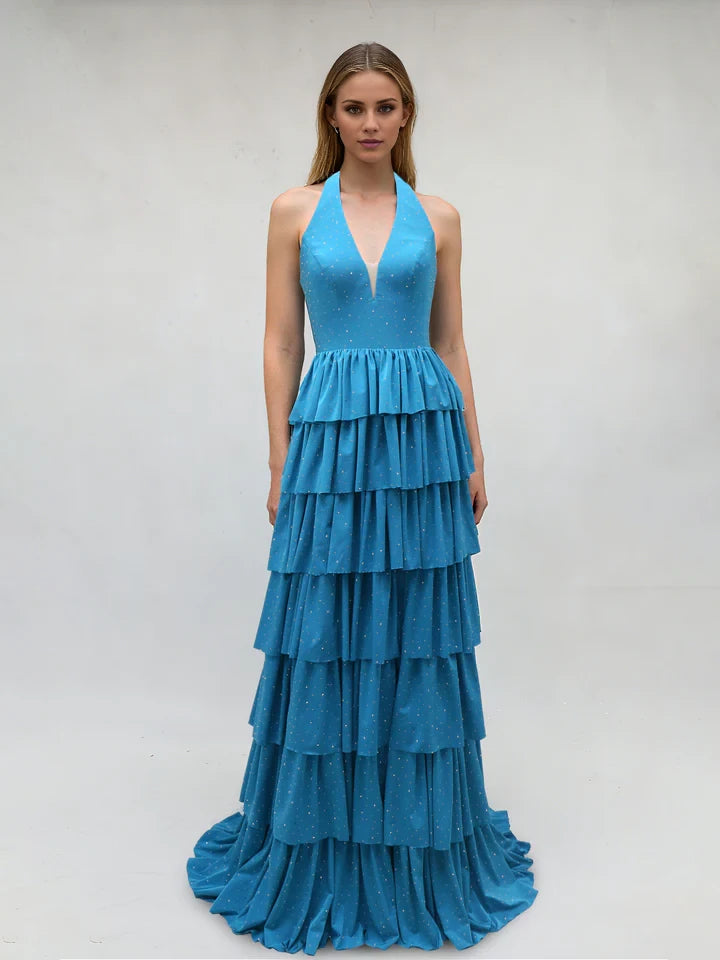 Romantic Tiered Halter Neck Sleeveless Tie - Back Long Length Prom Dresses