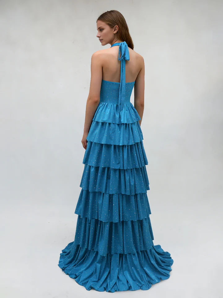 Romantic Tiered Halter Neck Sleeveless Tie - Back Long Length Prom Dresses