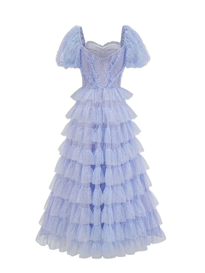 Romantic Tiered Off - Shoulder Short Sleeve Zipper Back Long Length Prom Dresses