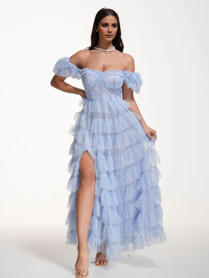 Romantic Tiered Off - Shoulder Short Sleeve Zipper Back Long Length Prom Dresses