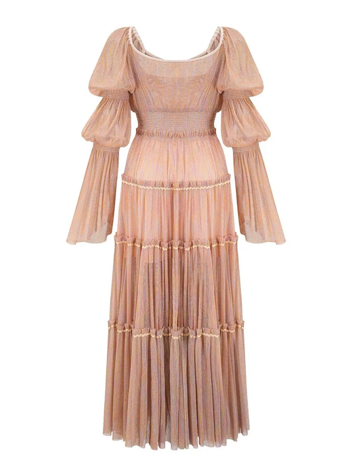 Romantic Tiered Square Neck Long Sleeve Lace - Up Back Long Length Prom Dresses