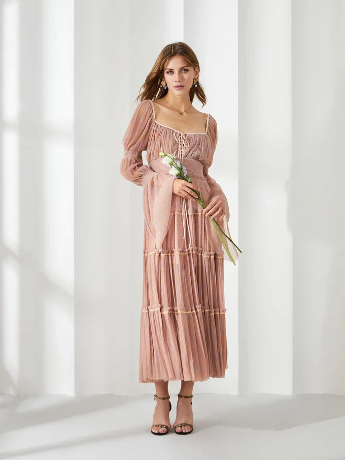 Romantic Tiered Square Neck Long Sleeve Lace - Up Back Long Length Prom Dresses