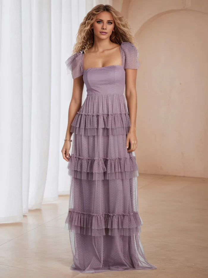 Romantic Tiered Square Neck Short Sleeve Open Back Long Length Prom Dresses