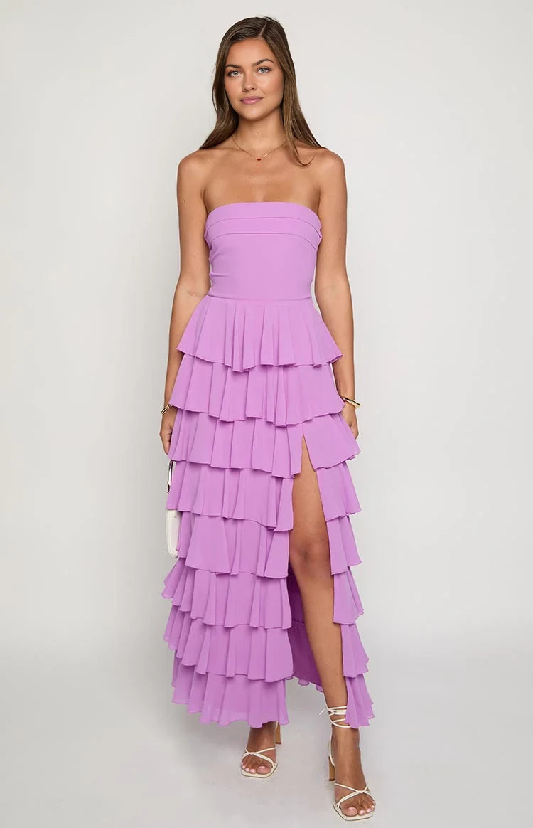 Romantic Tiered Strapless Lace - Up Back Floor Length Prom Dresses